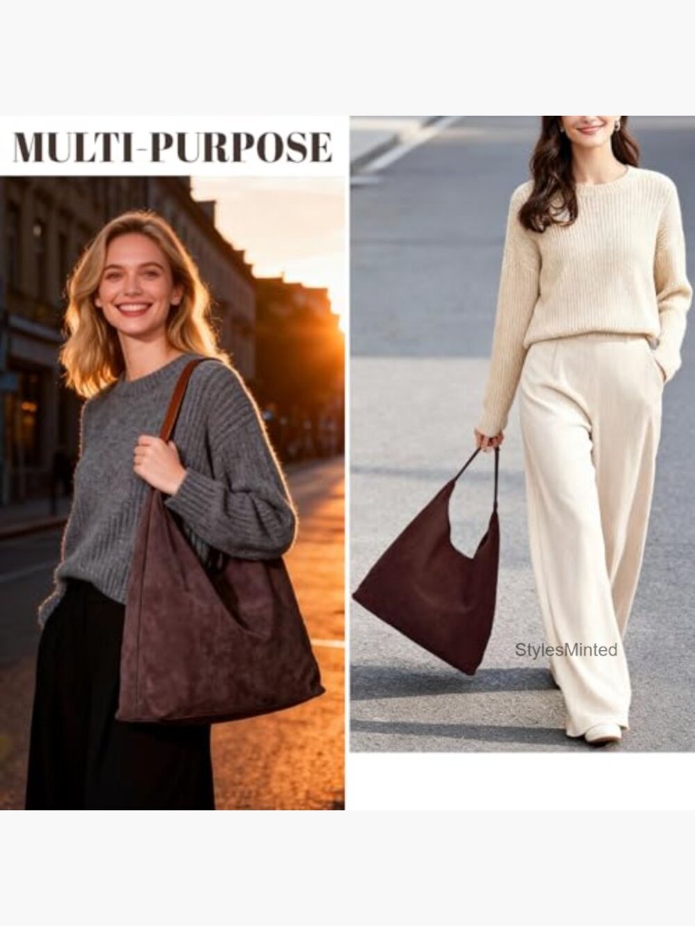 Faux Suede Hobo Bag Large Slouchy Shoulder Tote Handbag Work Travel - Picture 7 of 7